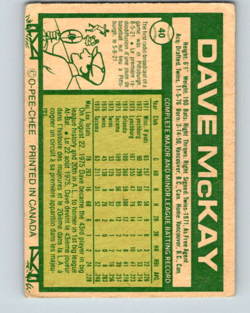1977 O-Pee-Chee #40 Dave McKay Toronto Blue Jays V28890