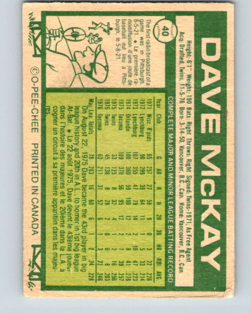 1977 O-Pee-Chee #40 Dave McKay Toronto Blue Jays V28891