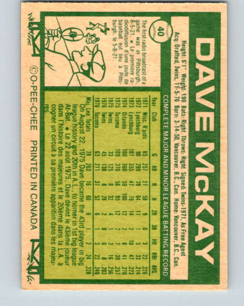 1977 O-Pee-Chee #40 Dave McKay Toronto Blue Jays V28892