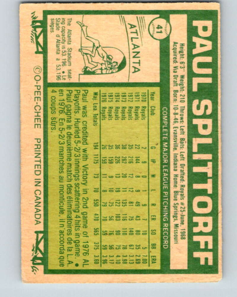 1977 O-Pee-Chee #41 Paul Splittorff Kansas City Royals V28893