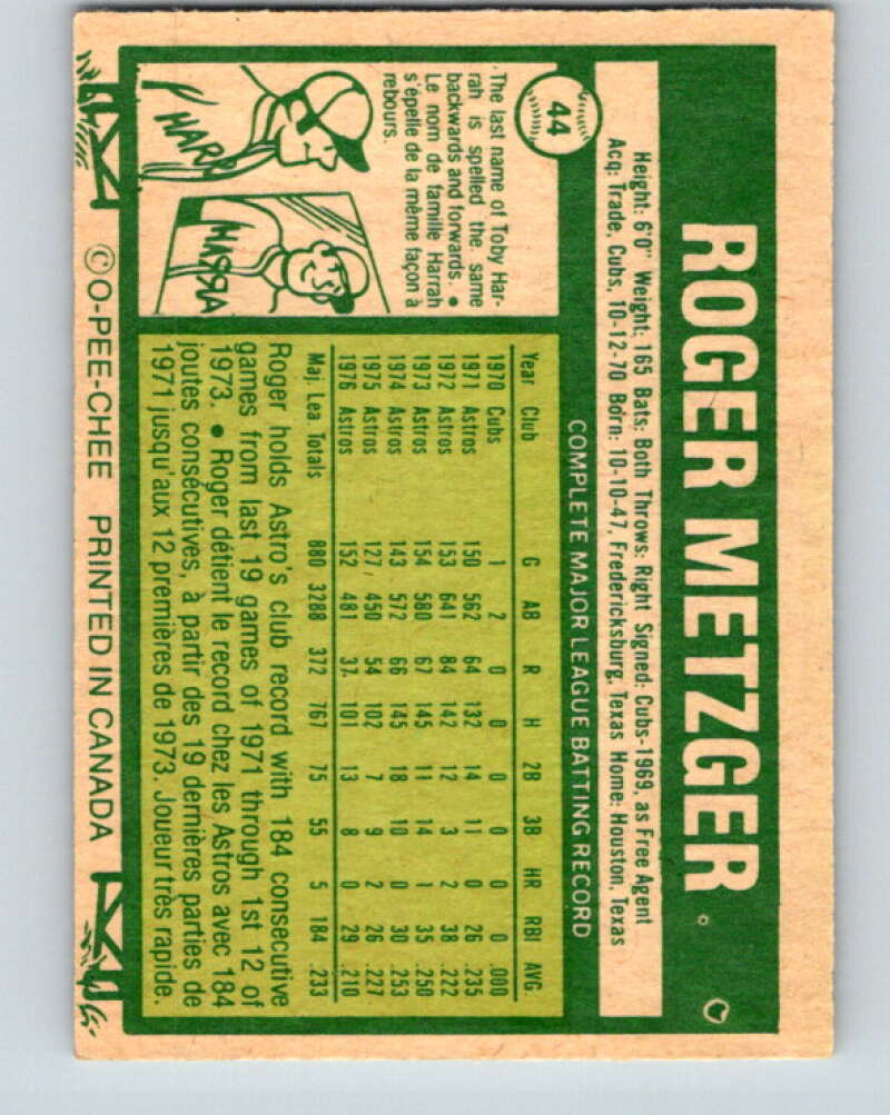 1977 O-Pee-Chee #44 Roger Metzger Houston Astros V28900