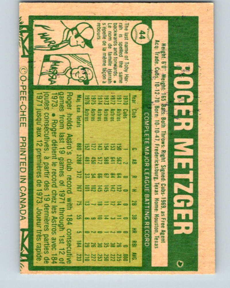 1977 O-Pee-Chee #44 Roger Metzger Houston Astros V28902