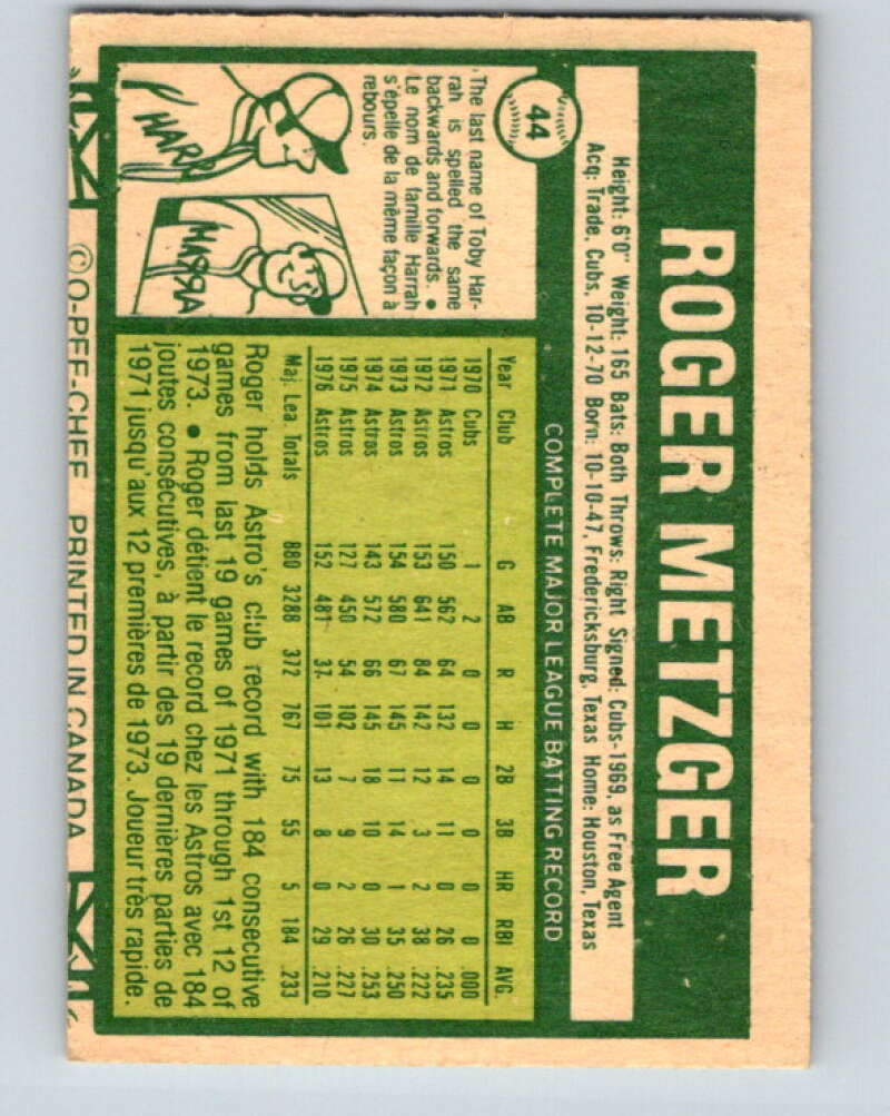 1977 O-Pee-Chee #44 Roger Metzger Houston Astros V28903