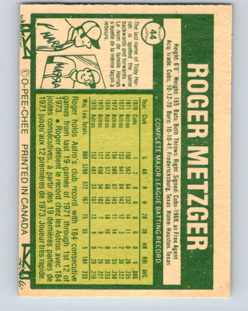 1977 O-Pee-Chee #44 Roger Metzger Houston Astros V28905