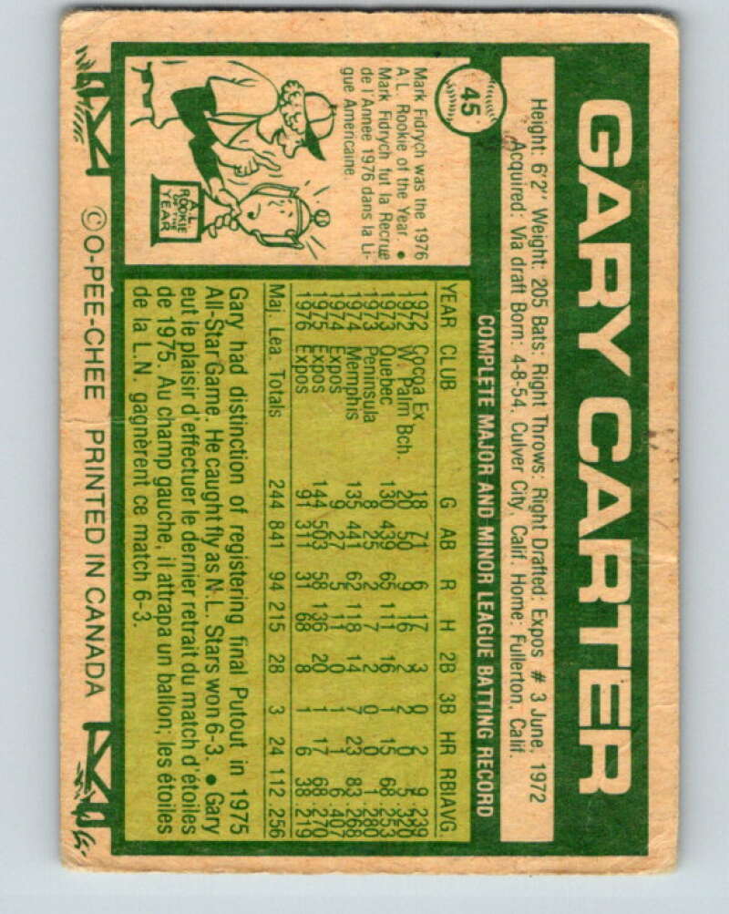 1977 O-Pee-Chee #45 Gary Carter Montreal Expos V28908