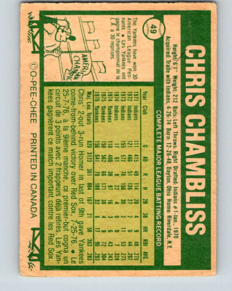 1977 O-Pee-Chee #49 Chris Chambliss New York Yankees V28917
