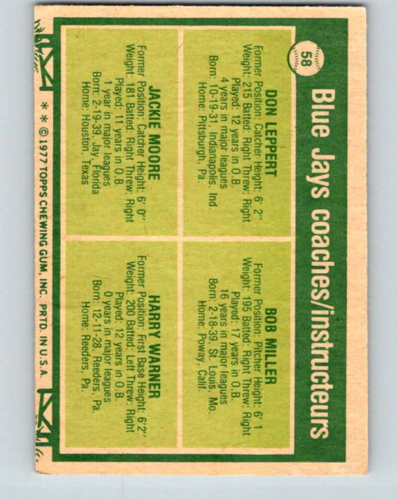 1977 O-Pee-Chee #58 Leppert/Miller/Moore Coaches Jays V28935