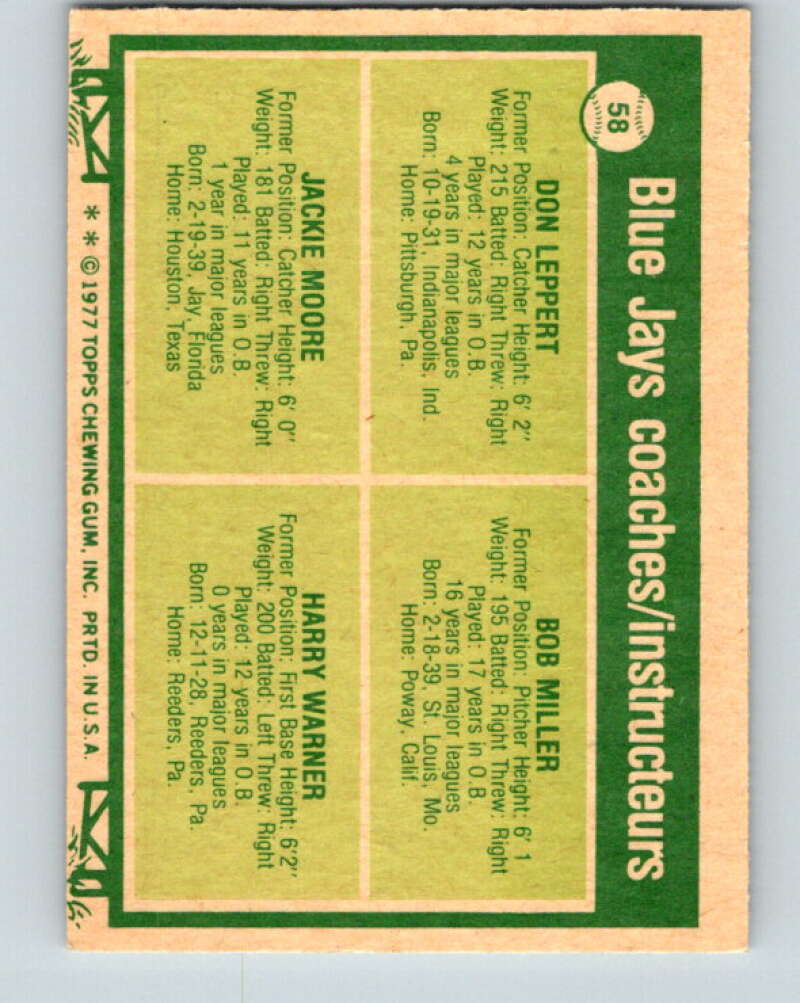 1978 O-Pee-Chee #58 Leppert/Miller/Moore Coaches Jays V28936