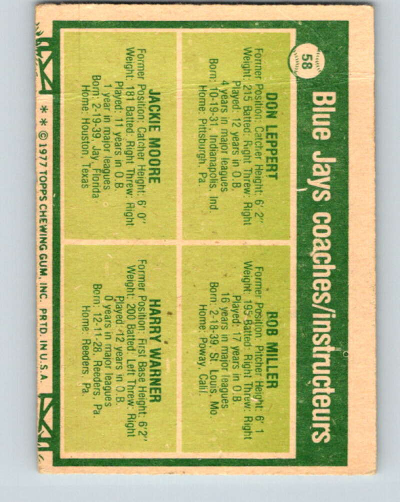 1979 O-Pee-Chee #58 Leppert/Miller/Moore Coaches Jays V28937