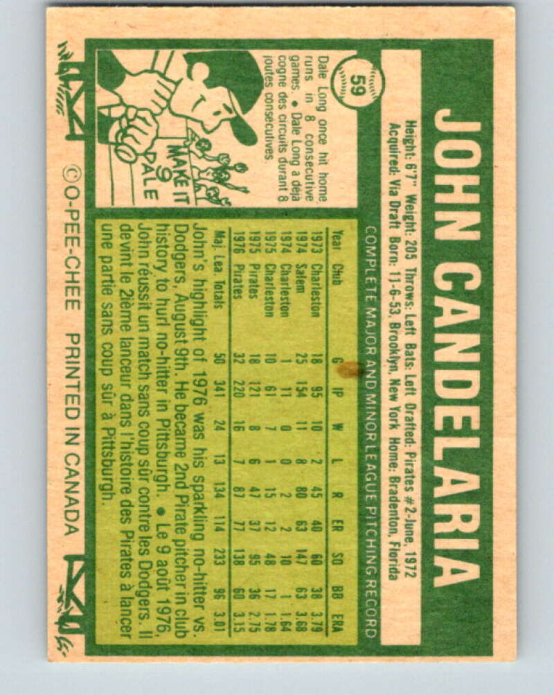 1977 O-Pee-Chee #59 John Candelaria Pittsburgh Pirates V28938