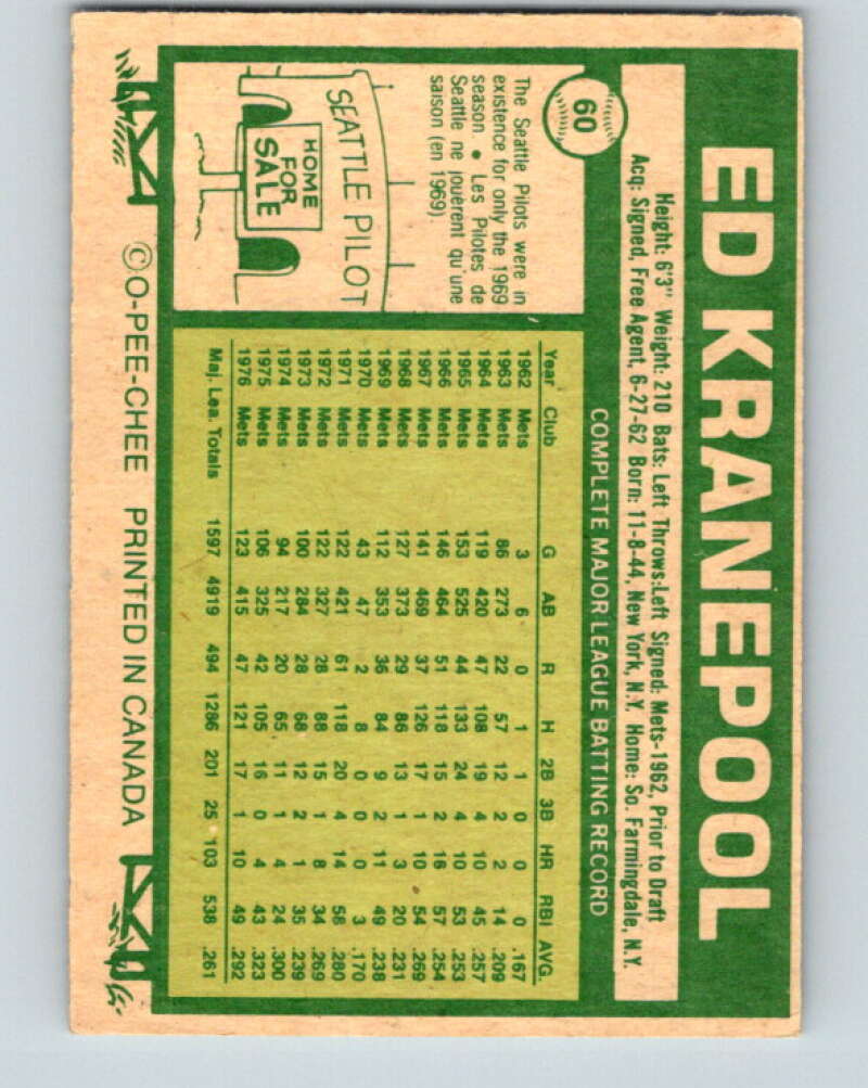 1977 O-Pee-Chee #60 Ed Kranepool New York Mets V28939