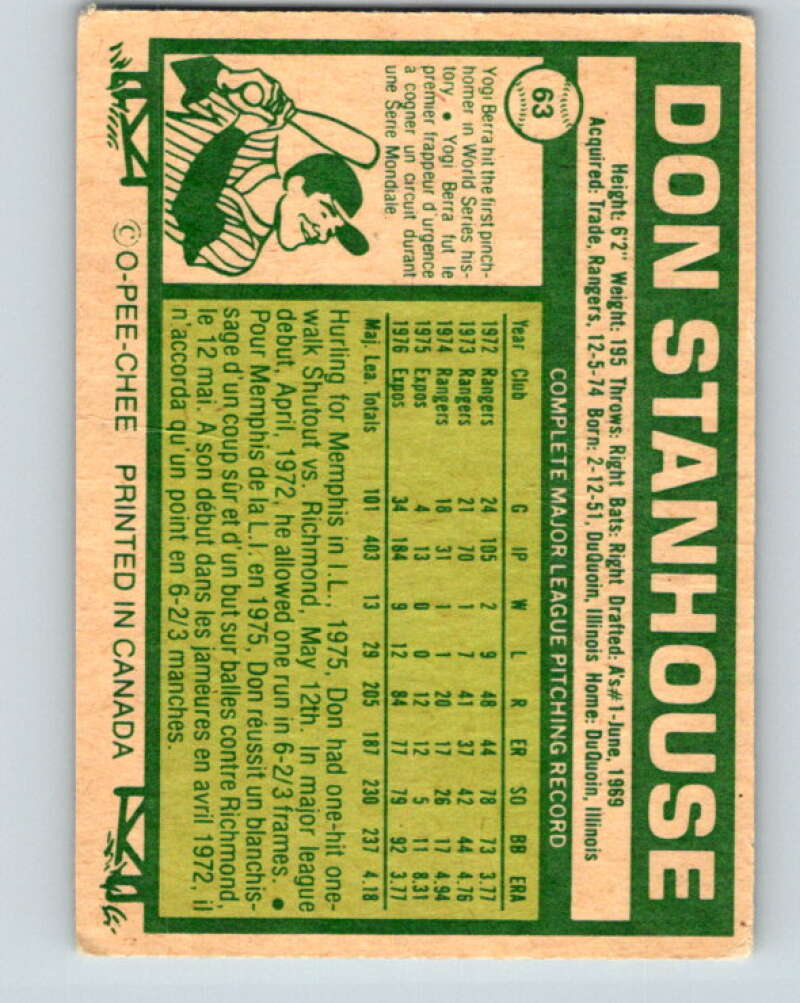 1977 O-Pee-Chee #63 Don Stanhouse Montreal Expos V28940