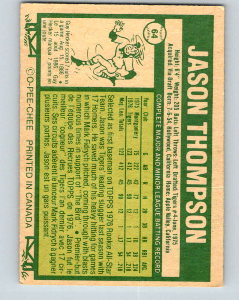 1977 O-Pee-Chee #64 Jason Thompson RC Rookie Detroit Tigers V28941