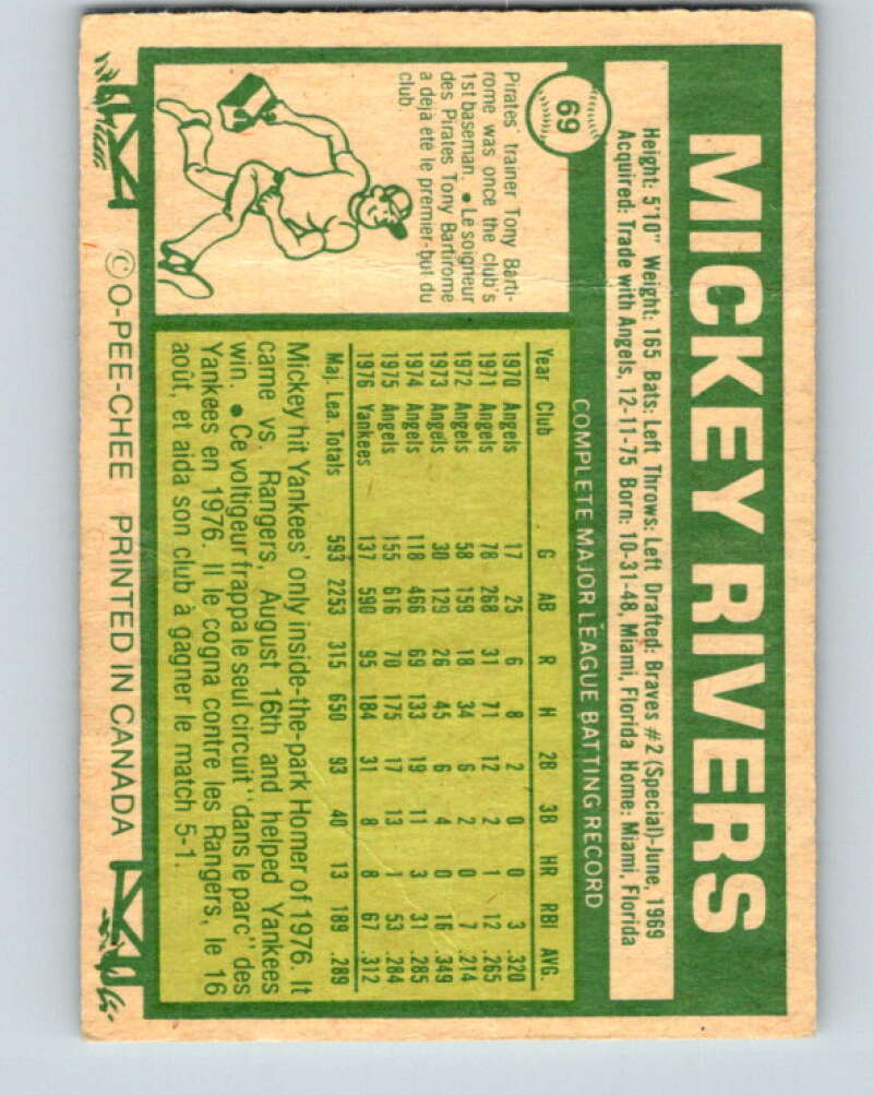 1977 O-Pee-Chee #69 Mickey Rivers New York Yankees V28948