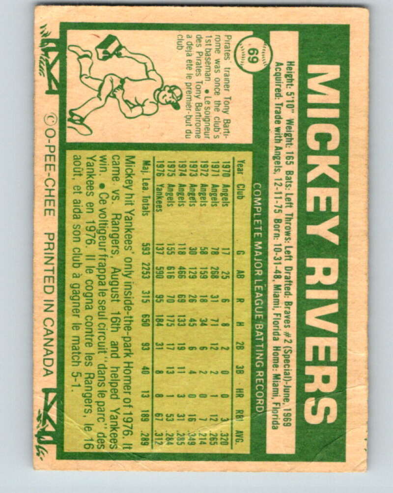 1977 O-Pee-Chee #69 Mickey Rivers New York Yankees V28949