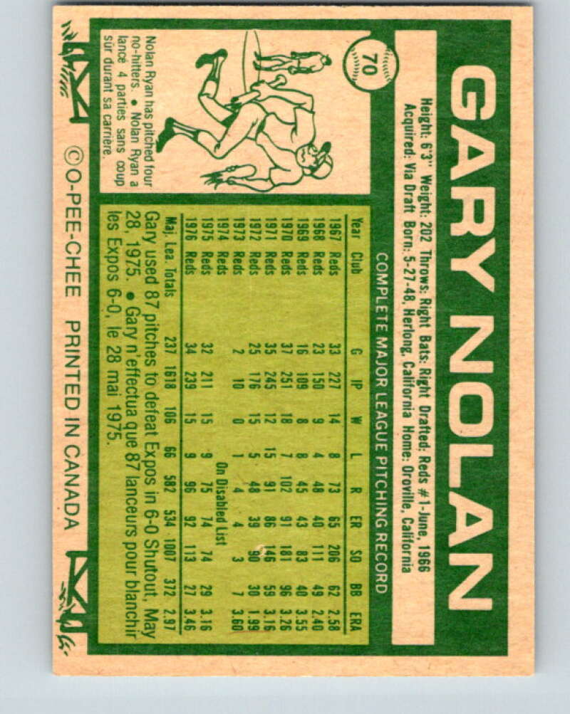 1977 O-Pee-Chee #70 Gary Nolan Cincinnati Reds V28951
