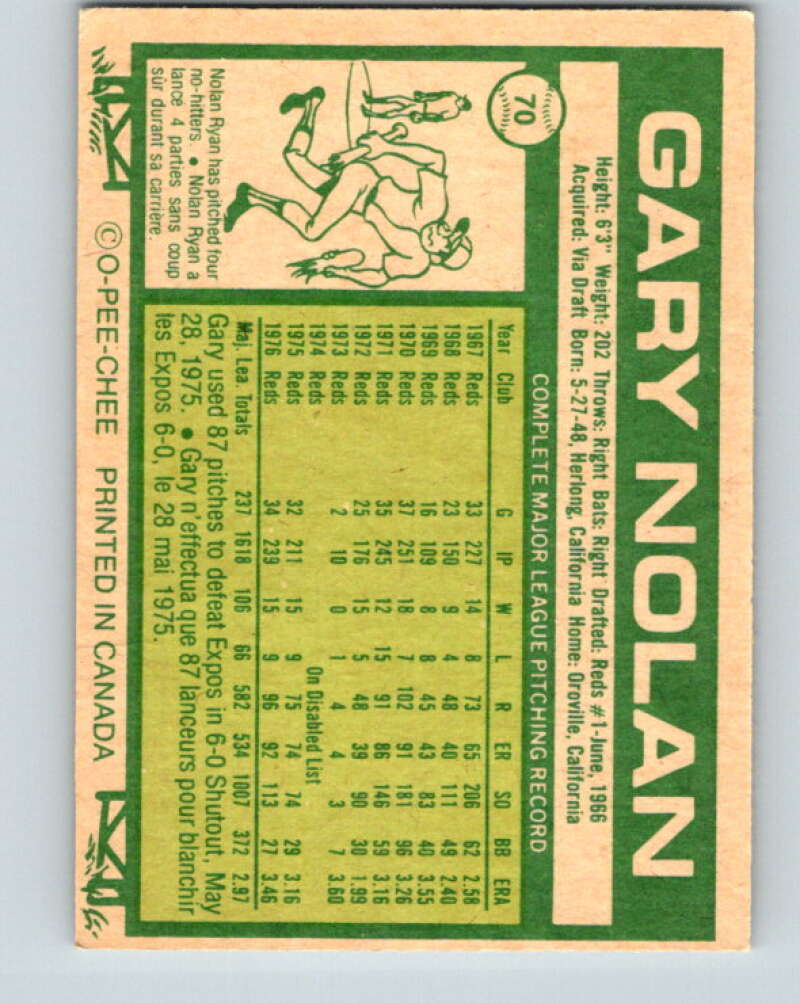 1977 O-Pee-Chee #70 Gary Nolan Cincinnati Reds V28954