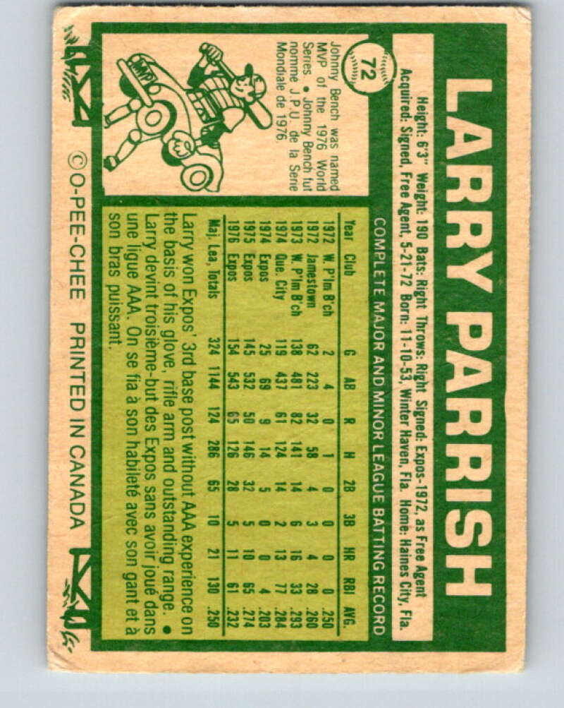 1977 O-Pee-Chee #72 Larry Parrish Montreal Expos V28956
