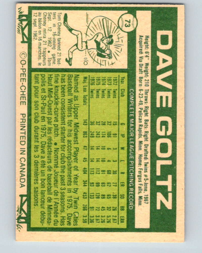 1977 O-Pee-Chee #73 Dave Goltz Minnesota Twins V28958