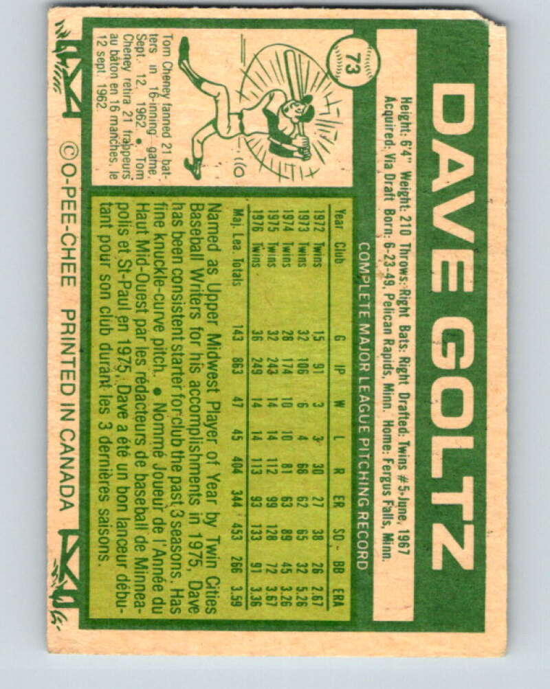 1977 O-Pee-Chee #73 Dave Goltz Minnesota Twins V28959
