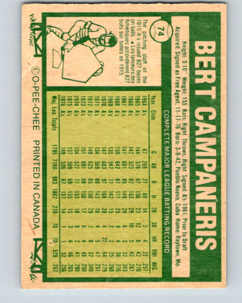 1977 O-Pee-Chee #74 Bert Campaneris Texas Rangers V28960