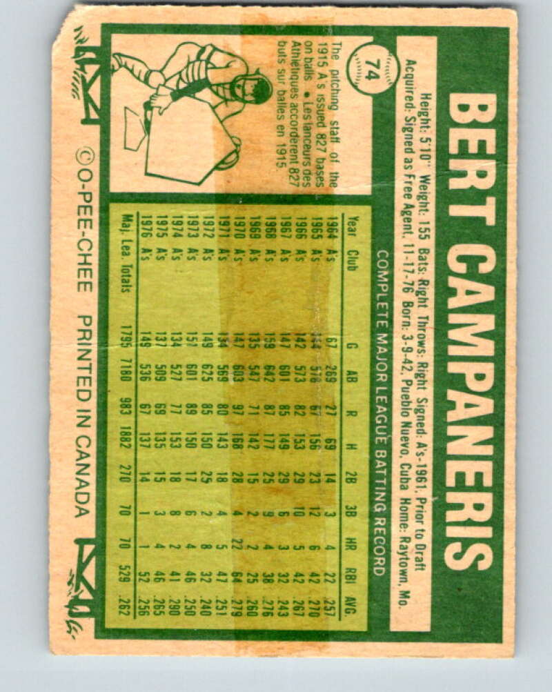 1977 O-Pee-Chee #74 Bert Campaneris Texas Rangers V28962