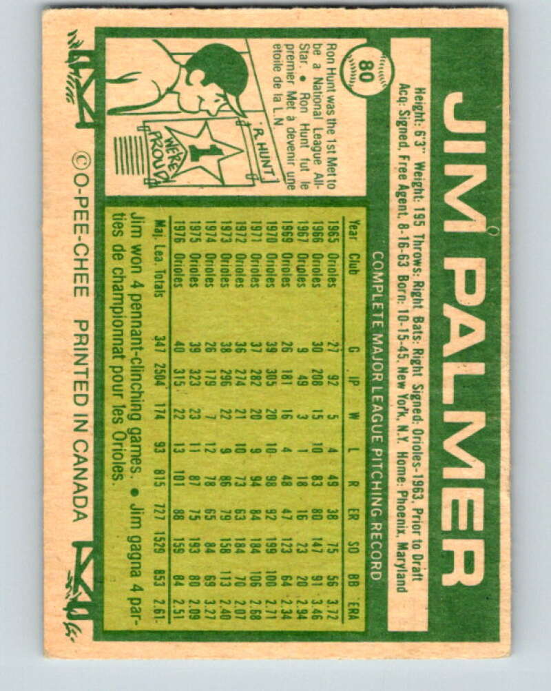1977 O-Pee-Chee #80 Jim Palmer Baltimore Orioles V28972