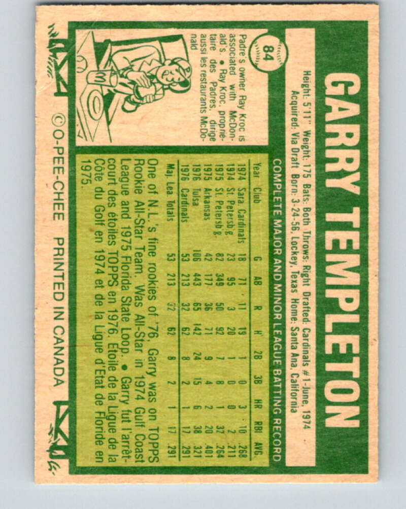 1977 O-Pee-Chee #84 Garry Templeton St. Louis Cardinals V28985