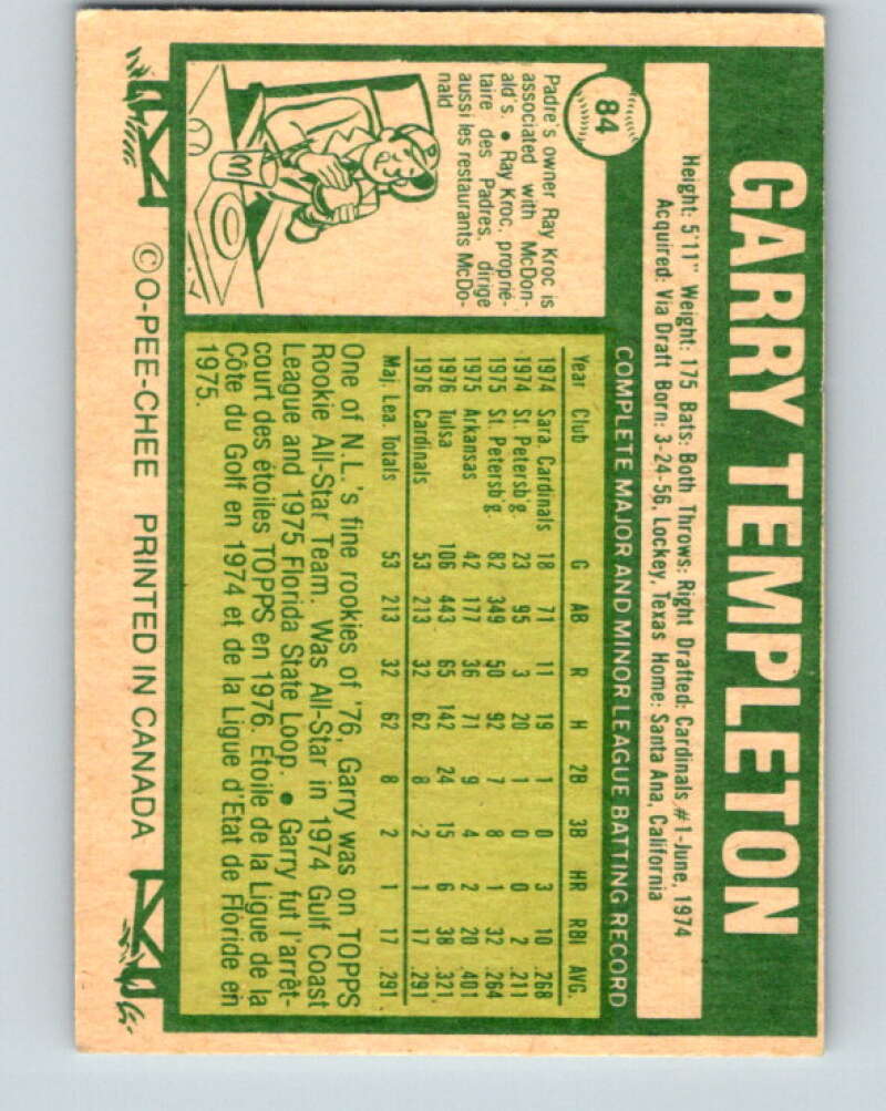 1977 O-Pee-Chee #84 Garry Templeton St. Louis Cardinals V28986