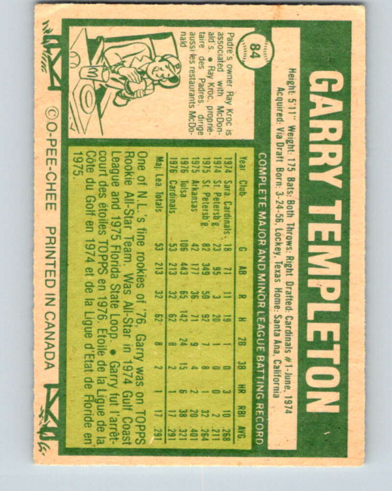 1977 O-Pee-Chee #84 Garry Templeton St. Louis Cardinals V28987