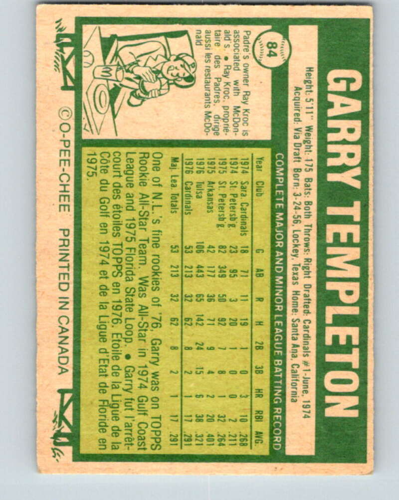 1977 O-Pee-Chee #84 Garry Templeton St. Louis Cardinals V28988