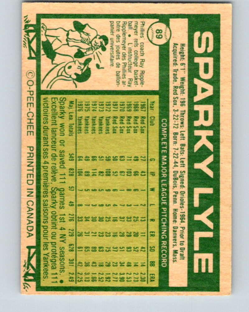 1977 O-Pee-Chee #89 Sparky Lyle New York Yankees V28997