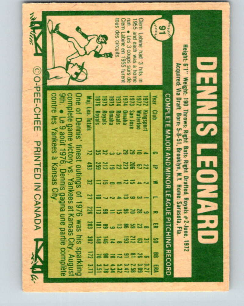 1977 O-Pee-Chee #91 Dennis Leonard Kansas City Royals V29000