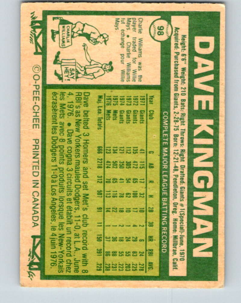 1977 O-Pee-Chee #98 Dave Kingman New York Mets V29011