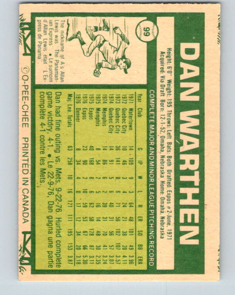1977 O-Pee-Chee #99 Dan Warthen Montreal Expos V29012