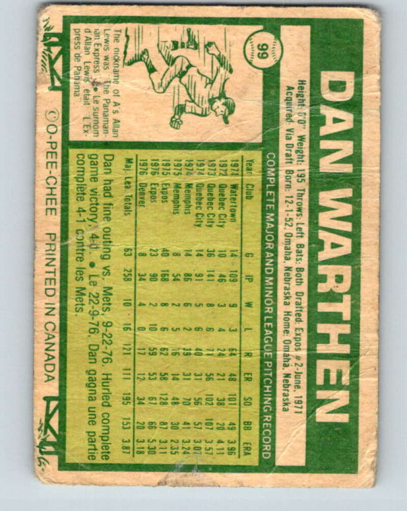 1977 O-Pee-Chee #99 Dan Warthen Montreal Expos V29013