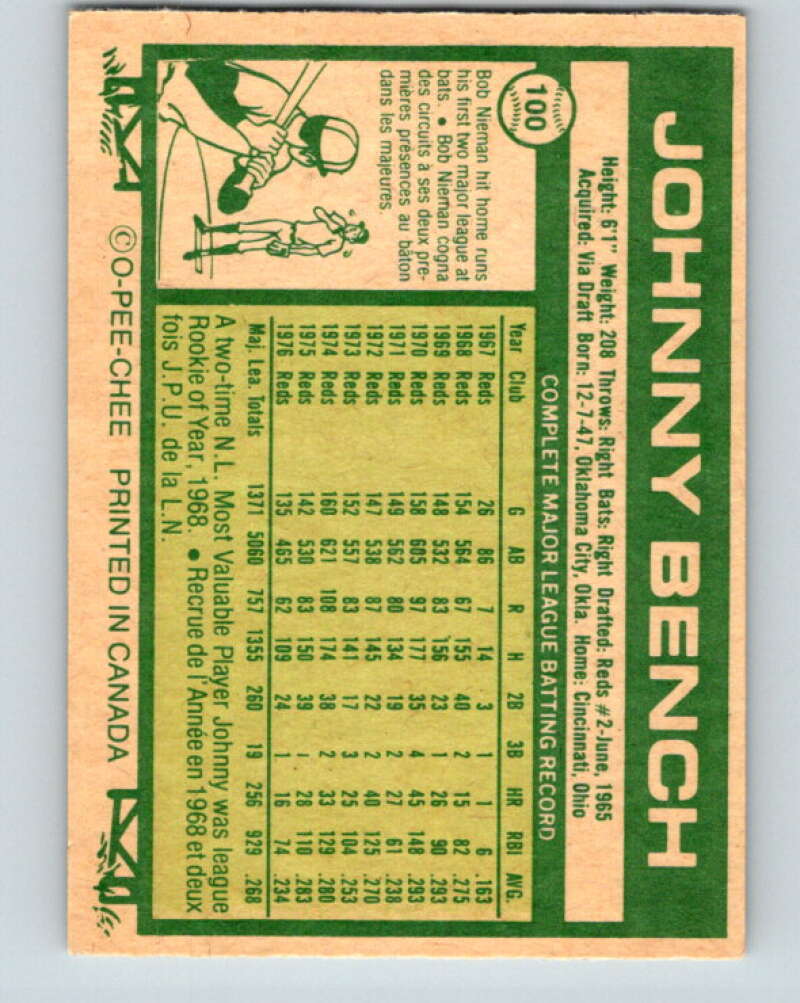 1977 O-Pee-Chee #100 Johnny Bench Cincinnati Reds V29014