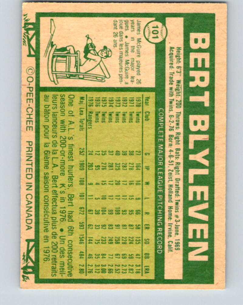 1977 O-Pee-Chee #101 Bert Blyleven Texas Rangers V29015