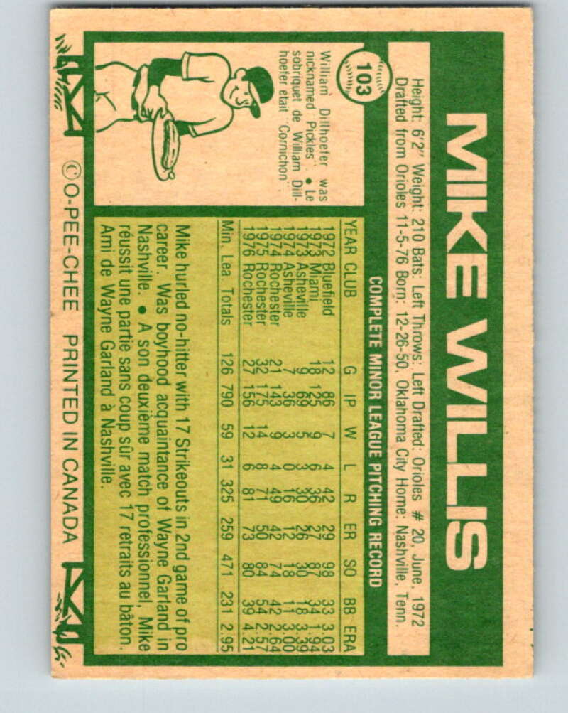 1977 O-Pee-Chee #103 Mike Willis Toronto Blue Jays V29017