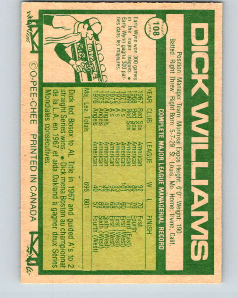 1977 O-Pee-Chee #108 Dick Williams MG Montreal Expos V29024