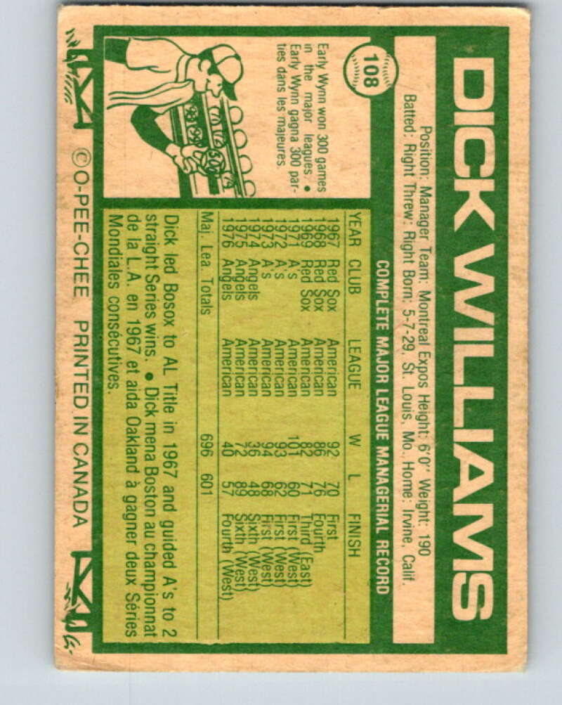 1977 O-Pee-Chee #108 Dick Williams MG Montreal Expos V29025