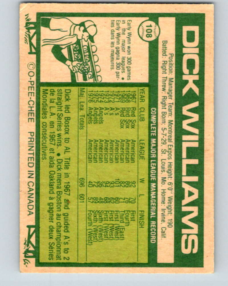1977 O-Pee-Chee #108 Dick Williams MG Montreal Expos V29026