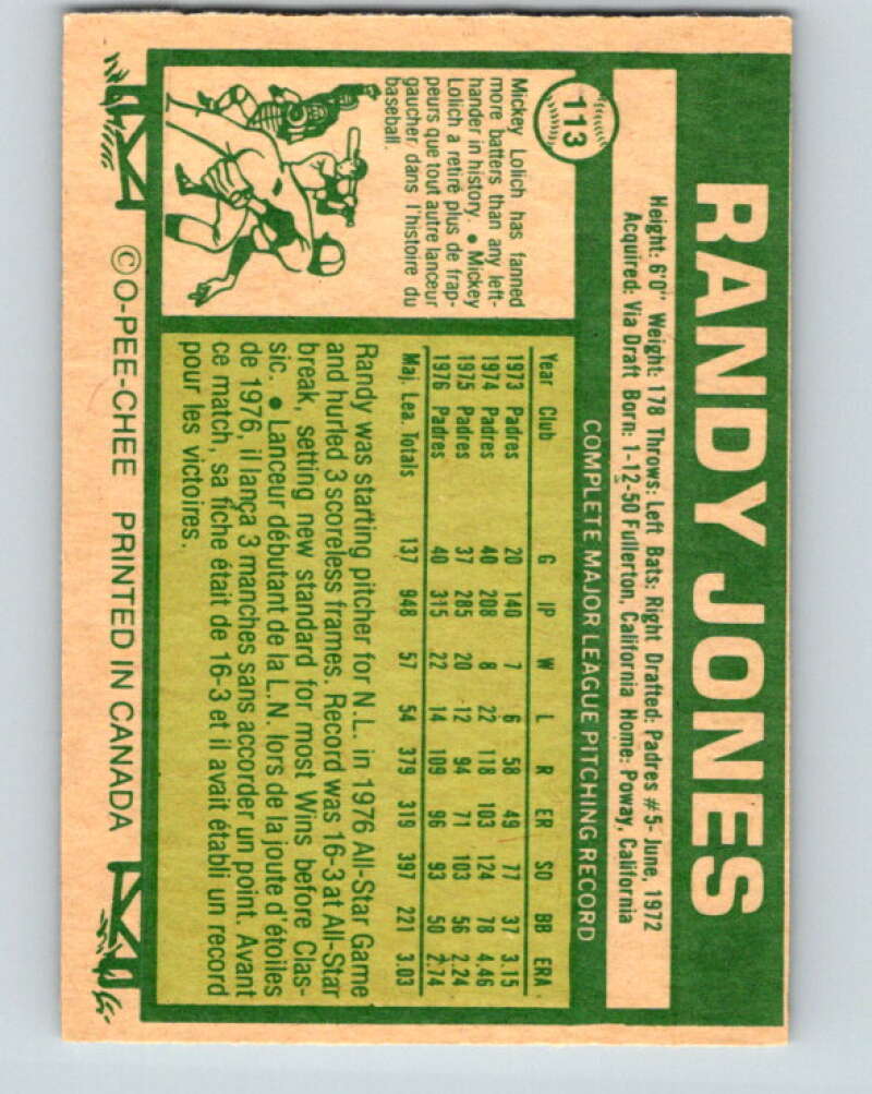 1977 O-Pee-Chee #113 Randy Jones San Diego Padres V29035