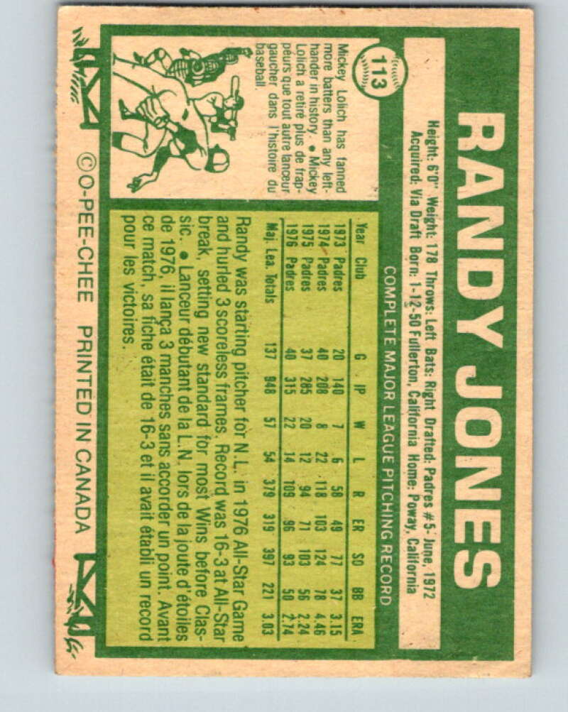 1977 O-Pee-Chee #113 Randy Jones San Diego Padres V29036