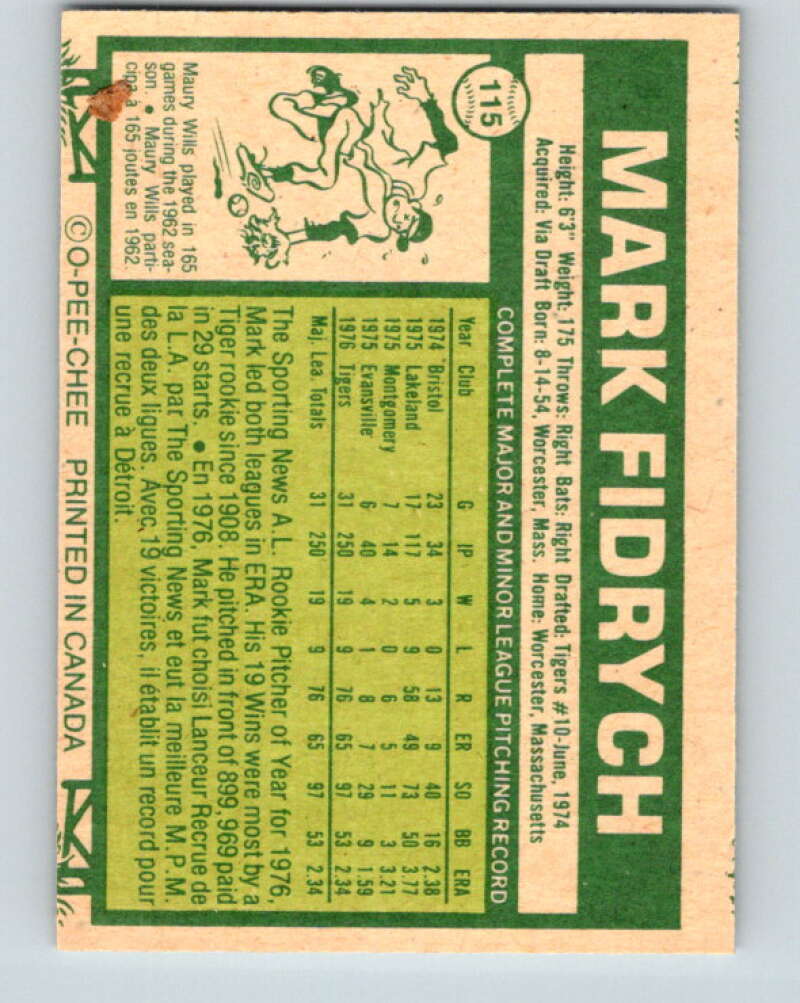 1977 O-Pee-Chee #115 Mark Fidrych RC Rookie Detroit Tigers V29038
