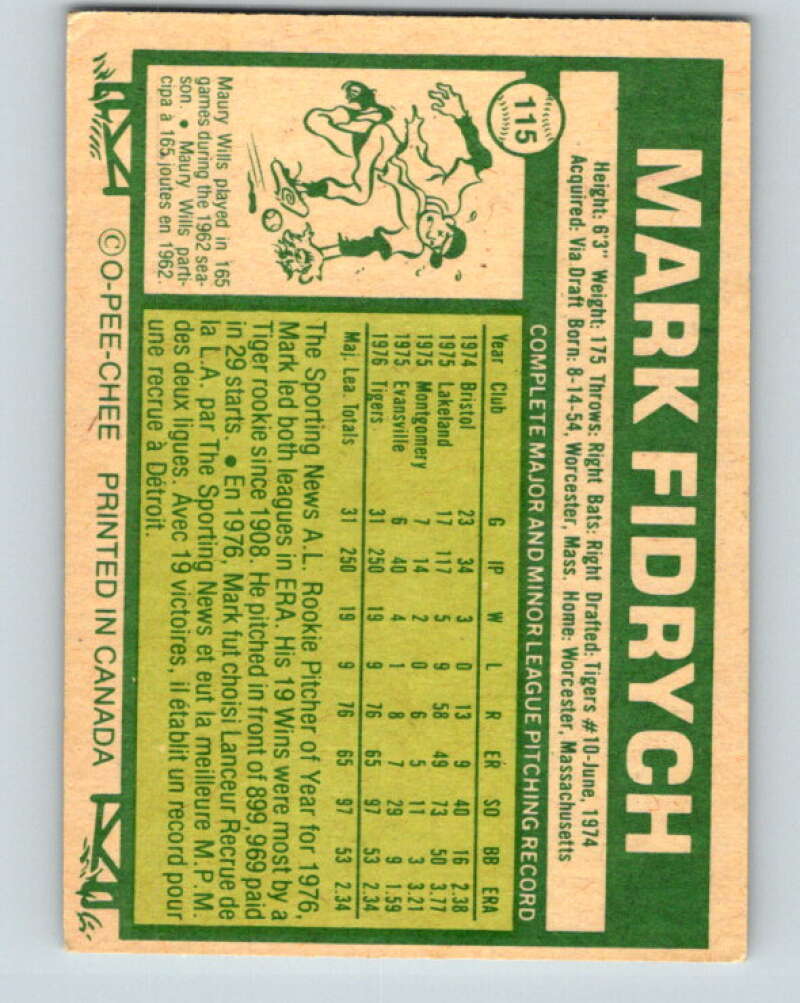 1977 O-Pee-Chee #115 Mark Fidrych RC Rookie Detroit Tigers V29039