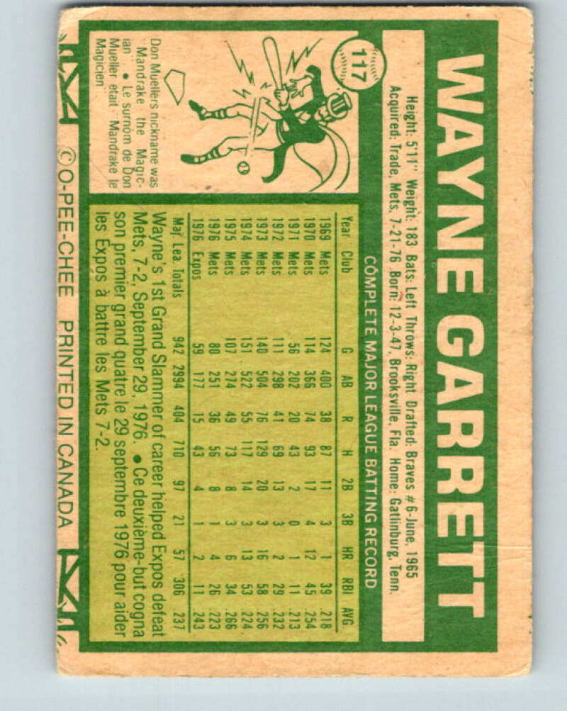 1977 O-Pee-Chee #117 Wayne Garrett Montreal Expos V29041
