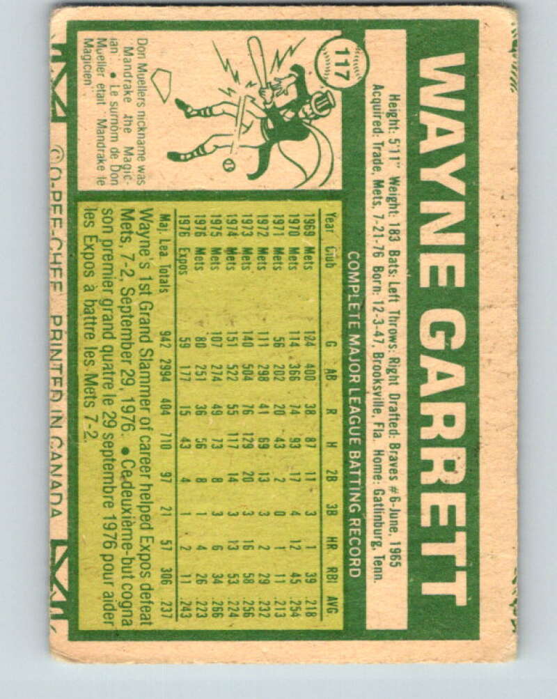 1977 O-Pee-Chee #117 Wayne Garrett Montreal Expos V29042