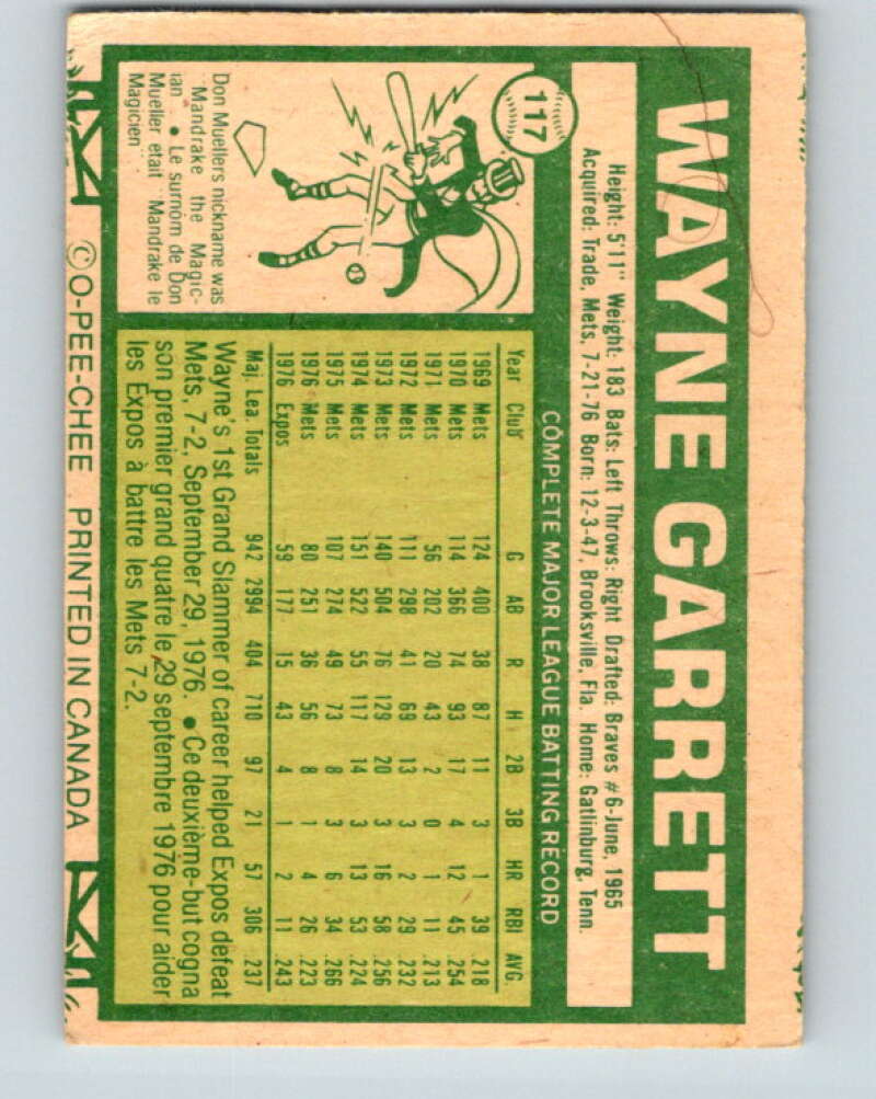 1977 O-Pee-Chee #117 Wayne Garrett Montreal Expos V29043