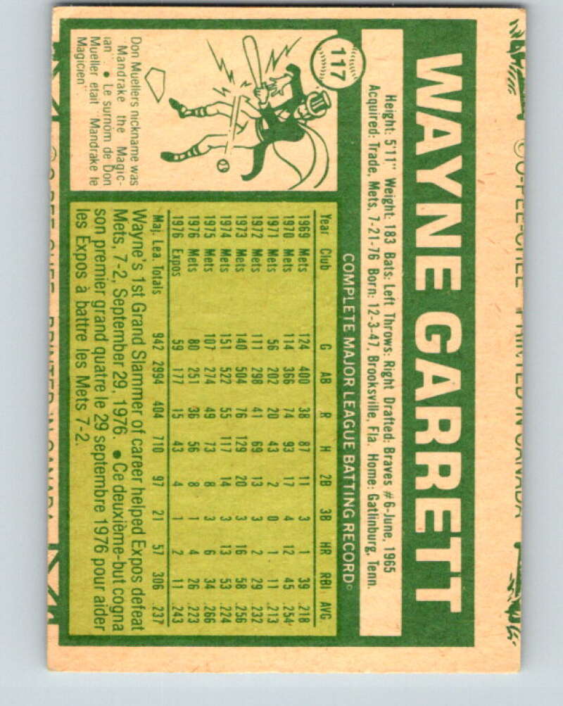 1977 O-Pee-Chee #117 Wayne Garrett Montreal Expos V29044